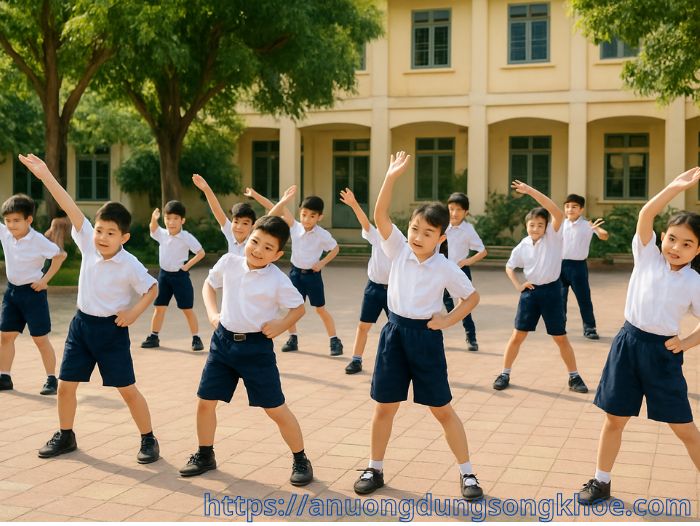 Học sinh tiểu học tập thể dục nâng cao sức khỏe tại sân trường