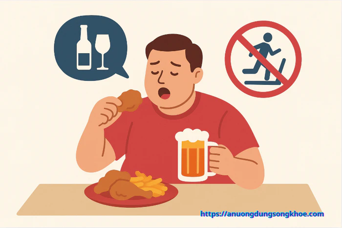 Nguyên nhân khiến triglyceride trong máu tăng cao: ăn nhiều tinh bột, rượu bia, ít vận động.