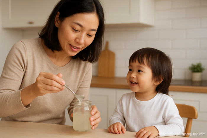 Mẹ chuẩn bị nước yến cho trẻ nhỏ trong căn bếp – nước yến cho trẻ em loại nào tốt