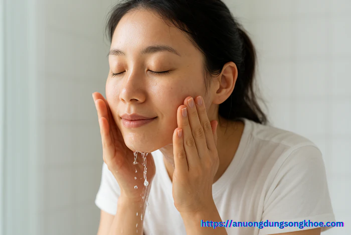 Người phụ nữ rửa mặt bằng nước tự nhiên buổi sáng, minh họa cho xu hướng skincare tối giản.