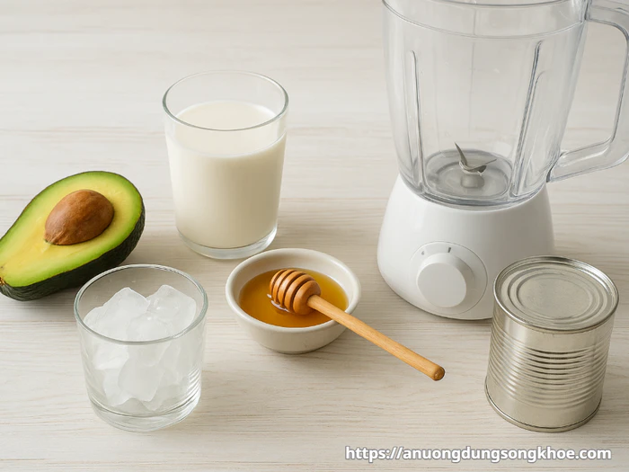 nguyên liệu làm sinh tố bơ gồm bơ chín, sữa, mật ong và đá viên