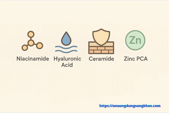 Thành phần tốt trong kem dưỡng ẩm cho da dầu mụn: Niacinamide, Hyaluronic Acid, Ceramide.