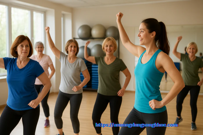 Lớp học thể dục thẩm mỹ năng động với huấn luyện viên hướng dẫn