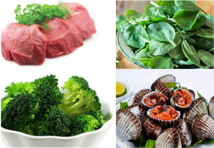 Thịt đỏ, hải sản và rau xanh giàu sắt