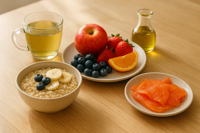 Thực phẩm tự nhiên giúp giảm LDL cholesterol: yến mạch, cá hồi, rau xanh, trái cây giàu chất xơ.